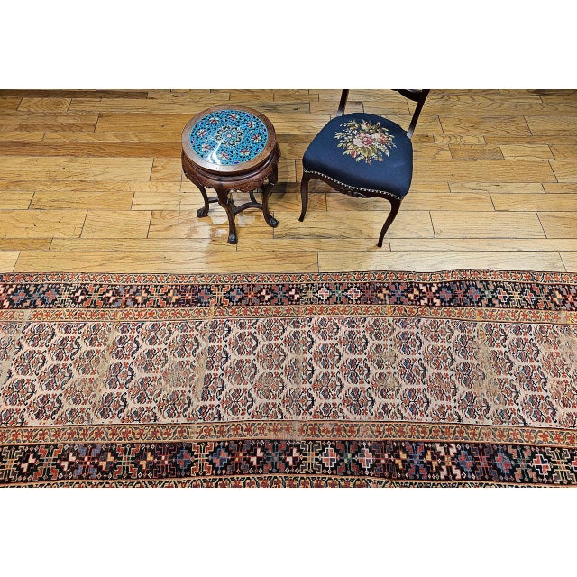 Persian 19th Century Persian Bidjar Runner, Hand-Knotted Wool, Allover Paisley Pattern, Ivory & Navy, 3x13 For Sale - Image 3 of 14