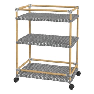 Tobias 24 in. W Outdoor Rattan and Metal 3 Tier Bar Cart, Gray/White Dot / Natural Rattan Frame For Sale