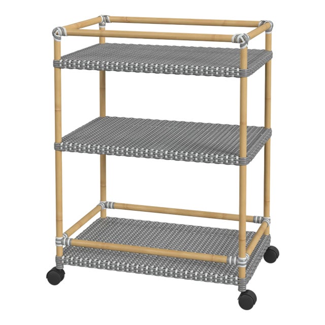 Tobias 24 in. W Outdoor Rattan and Metal 3 Tier Bar Cart, Gray/White Dot / Natural Rattan Frame For Sale