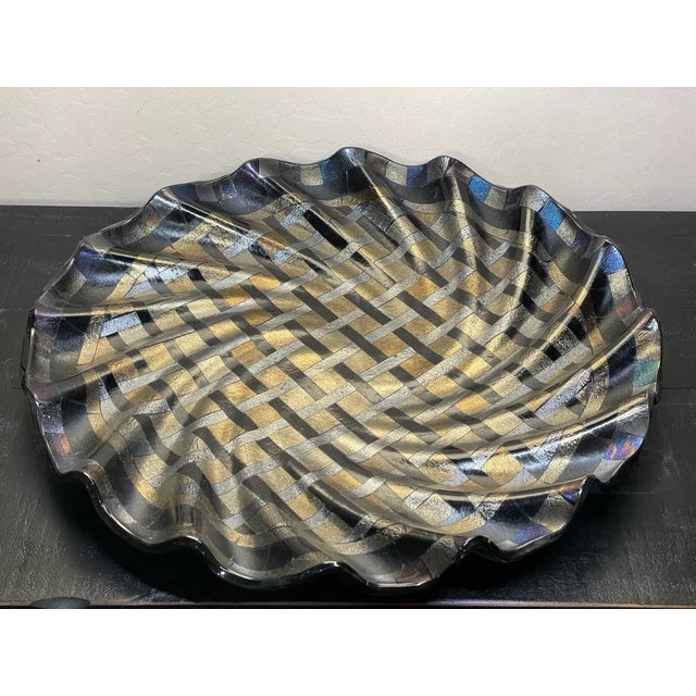 Large 18” Fused Dichroic Glass Metallic Basket Weave Wave Form Centerpiece Tray For Sale - Image 12 of 12