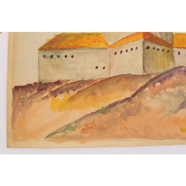 Mid-Century Scandinavian Outsider Folk Art Original Watercolor Painting, Fortress Landscape For Sale - Image 10 of 10