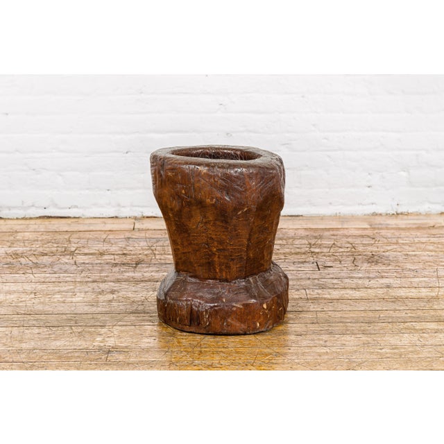 19th Century Rustic Teak Wood Mortar Urn, Antique Planter for Vintage Home Decor For Sale - Image 11 of 12