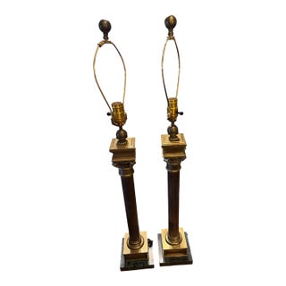 Vintage Chapman Lamps, Heavy Brass Columns and Heavy Marble Bases. New Wire and Socket - Pair For Sale