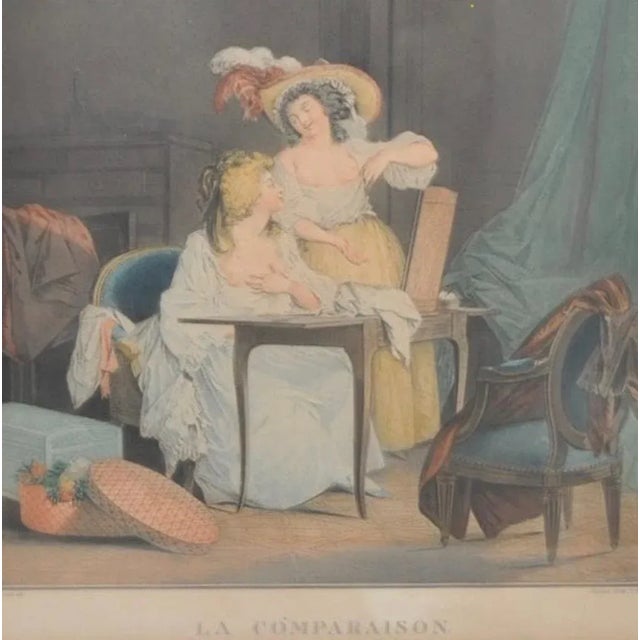 Rare 18th Century French Erotica Color Engraving "La Comparaison" c.1786 Lovely print of two beautiful young women in a...