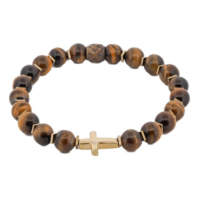 Gold Cross Tiger's Eye Beaded Bracelet For Sale