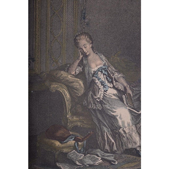 Antique Hand-Colored Engraving "Le Boudoir," P. Malœuvre After Freudenberg, 1774, Carved Giltwood Frame For Sale - Image 9 of 9