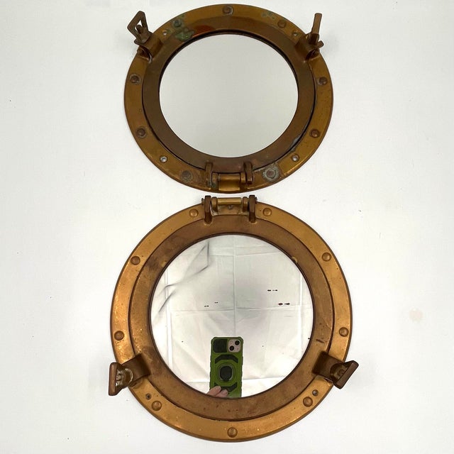 Mid 20th Century Vintage Nautical Brass Porthole Mirror For Sale - Image 5 of 10