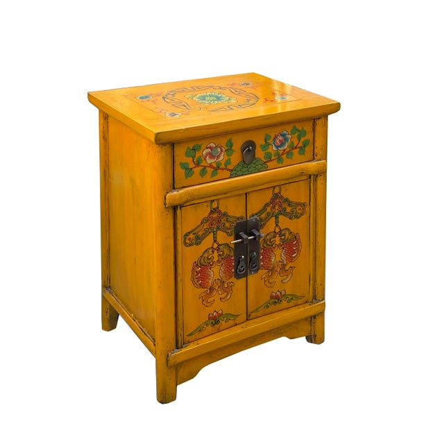 2020s Chinese Distressed Mango Yellow Fishes Graphic End Table Nightstand For Sale - Image 5 of 7