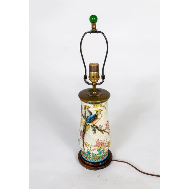 White Early 20th Century Crackle Glaze Ceramic Lamp With Painted Peacock & Flower Scene For Sale - Image 8 of 9