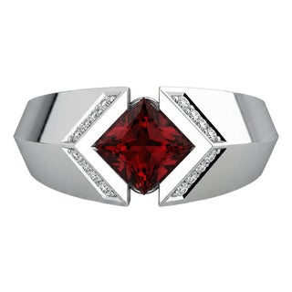 Square-Cut Garnet Architectural Silver Cocktail Ring, Size 7.5 For Sale