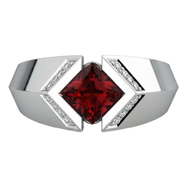Square-Cut Garnet Architectural Silver Cocktail Ring, Size 7.5 For Sale