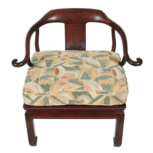 Asian Almost Pair of Rosewood Horseshoe Chairs With Clarence House Fabric For Sale - Image 3 of 5
