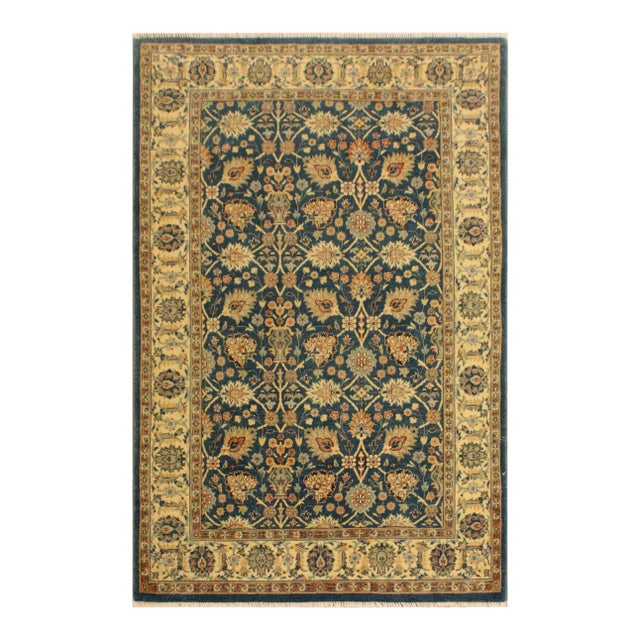 1980s Shabby Chic Teal/Ivory Turkish Hand-Knotted Rug -4'2 X 5'11 For Sale