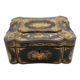 C. 1840-60 Chinese Lacquer on Wood Cartouche Shaped Box For Sale