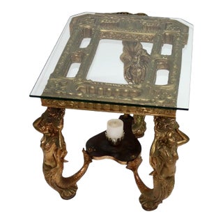 Antique Hollywood Regency Figural Mermaid Caryatid Brass & Glass Table C1930 For Sale