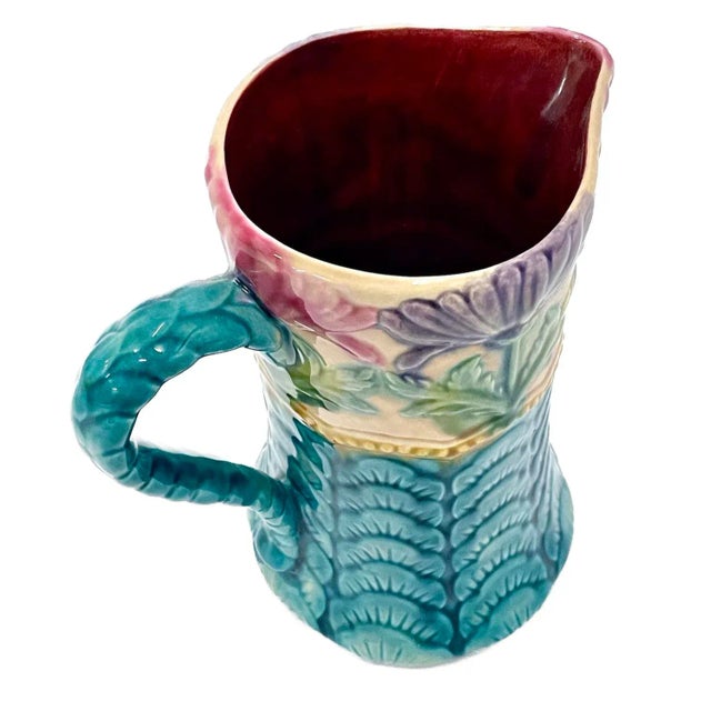 Art Deco Vintage Daisy & Leaf Petal Majolica Pitcher For Sale - Image 3 of 9