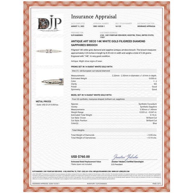 Antique Art Deco 14K White Gold Filigreed Diamond Sapphires Brooch For Sale In Houston - Image 6 of 6