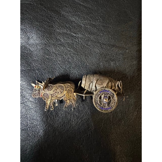 Rustic European Antique Sterling & Enamel Fillagree Miniature, Tiny Ox Cart & Wood Barrow For Sale - Image 3 of 9