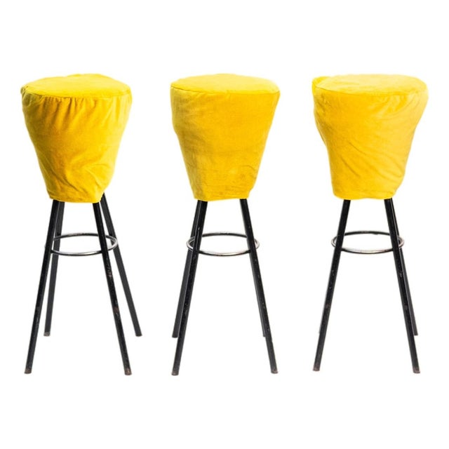 Chrome Stools with Mustard Yellow Velvet, Set of 3 For Sale - Image 6 of 6