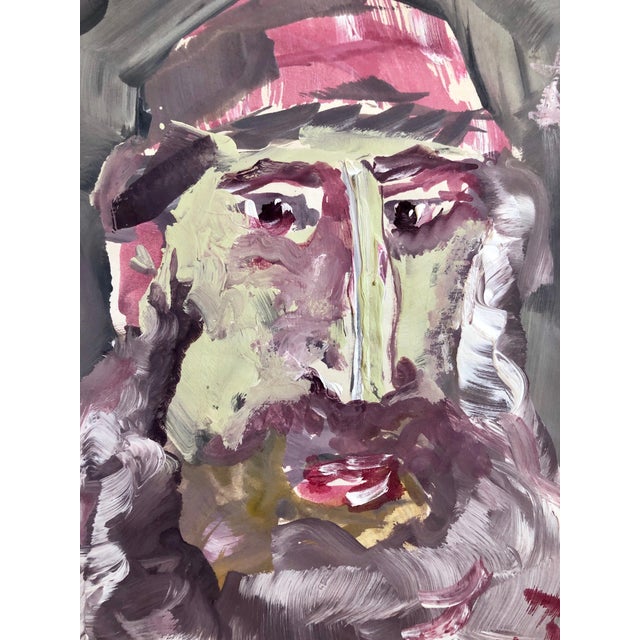 This is a signed portrait painting done in an outsider, folk art, expressionist style. it is signed in Hebrew, also marked...