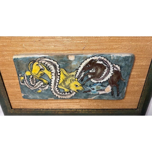 19th Century Antique 1800's Hand Painted Middle Eastern Lion Horse Pottery Majolica Wall Tile For Sale - Image 5 of 10