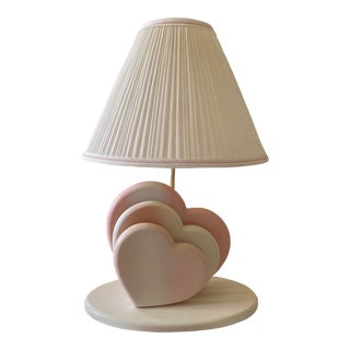 Vintage Postmodern Ombré Pink Hearts Wood Table Lamp With Original Pleated Shade For Sale