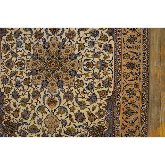1940s Small Ivory Islimi Medallion Antique Isfahan Silk Handknotted Wool Rug For Sale In New York - Image 6 of 7