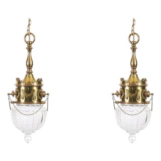 Antique Edwardian Brass & Cut Crystal Ceiling Lights, 1900, Set of 2 For Sale