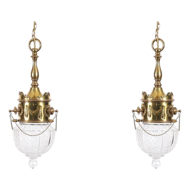 Antique Edwardian Brass & Cut Crystal Ceiling Lights, 1900, Set of 2 For Sale