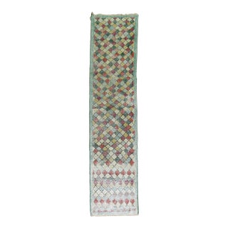 Narrow Shabby Chic Green Background Vintage 20th Century Turkish Deco Runner - 2'2" x 10'3" For Sale