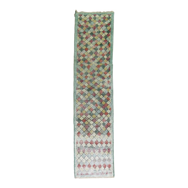 Narrow Shabby Chic Green Background Vintage 20th Century Turkish Deco Runner - 2'2" x 10'3" For Sale