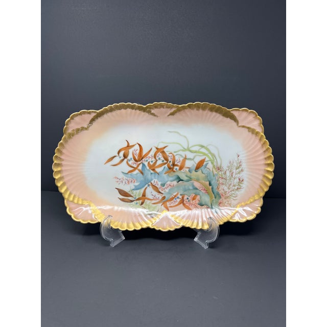 Antique Staple Repaired Limoges Porcelain Charger, Art Nouveau Marine Botanical, France c.1900 For Sale - Image 9 of 9