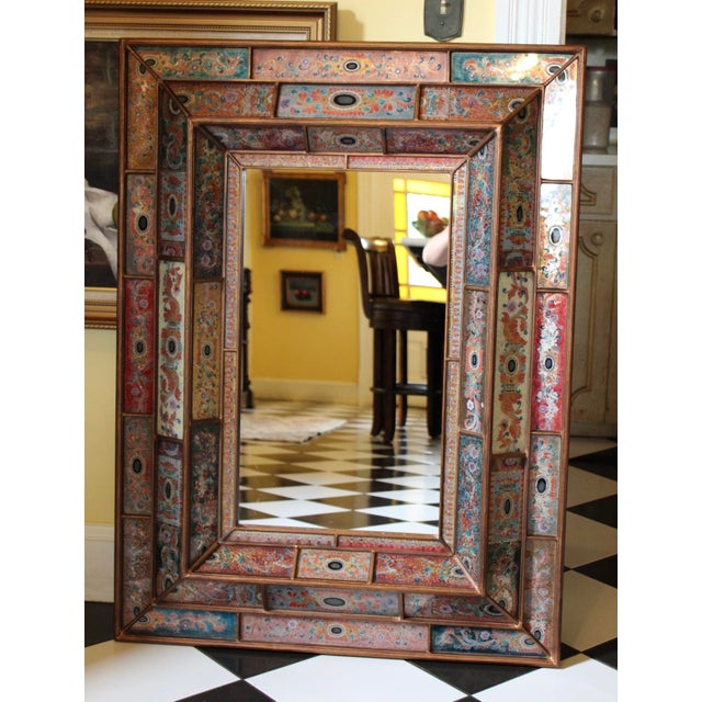 Red Stunning Large Hand-Made Reverse Painted Glass Paneled Mirror by Artist Robert Weiss, Peru For Sale - Image 8 of 14