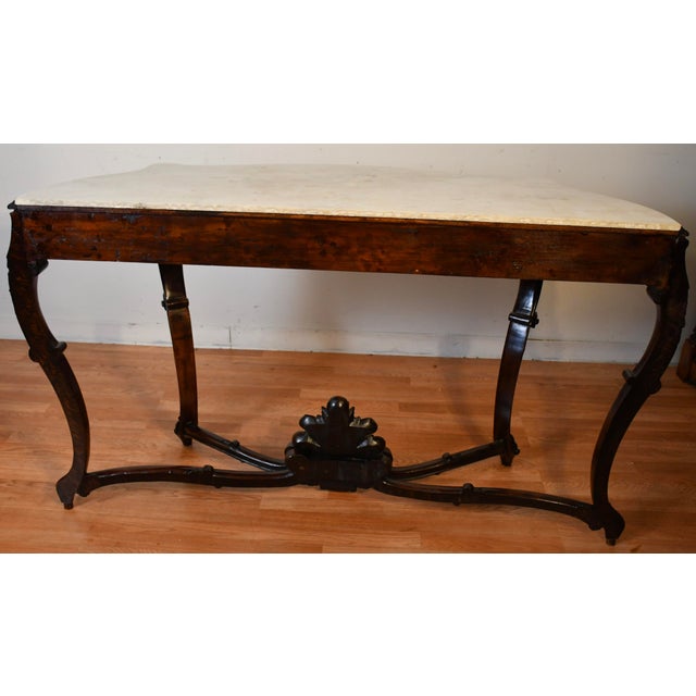 1880s Antique French Louis XV Hand Carved Walnut & Marble Top Console Sofa Table For Sale - Image 15 of 18
