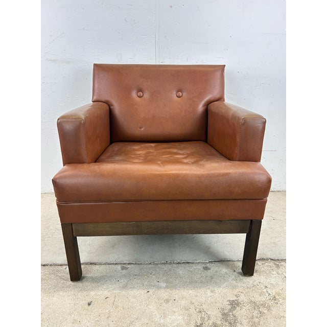 Mid Century Modern Brown Vinyl Lounge Chair With Walnut Base For Sale - Image 4 of 12