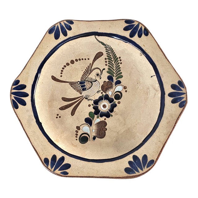 Mexican Tonala Pottery Platter Bird Low Bowl Centerpiece 13" For Sale