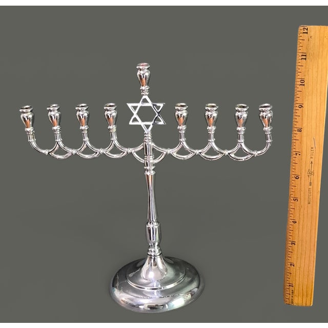 Vintage Judaica Hanukkah Menorah Candelabra Chrome Silver 9 Candle Star of David For Sale - Image 6 of 8