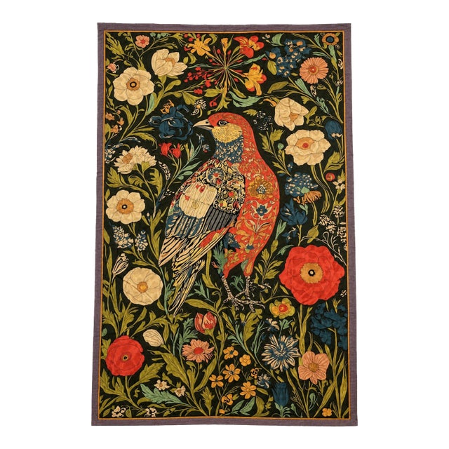 Vintage Handmade Silk Embroidered Bird & Floral Wall Hanging | Large Textile Art Panel 54x90 Inches For Sale