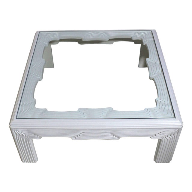 Square Modern "Wave" Pattern Carving White Lacquer Coffee Table For Sale