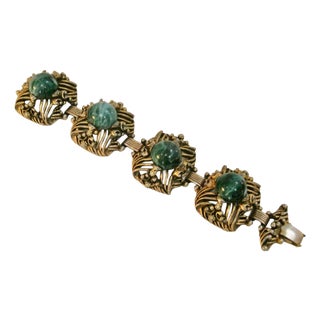 1950s Vintage Gipoix Mottled Green Glass Agate Cabochon Open Work Antique Patna Bracelet For Sale