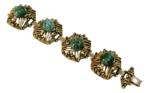 1950s Vintage Gipoix Mottled Green Glass Agate Cabochon Open Work Antique Patna Bracelet