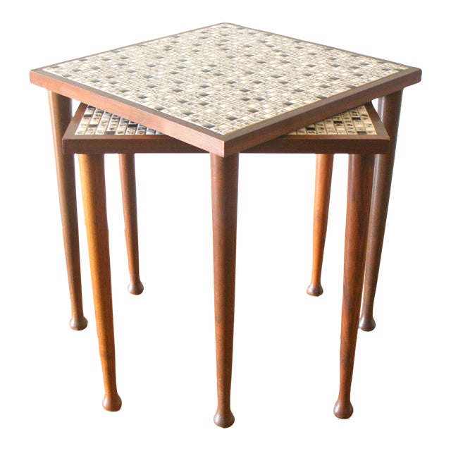 Mid Century Modern Pair of Tile Top Nesting Tables For Sale