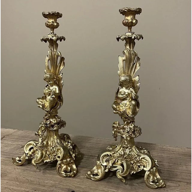 Pair 19th Century French Napoleon III Period Bronze D'Or Rococo Candlesticks are a stunning work of the sculptor's art...