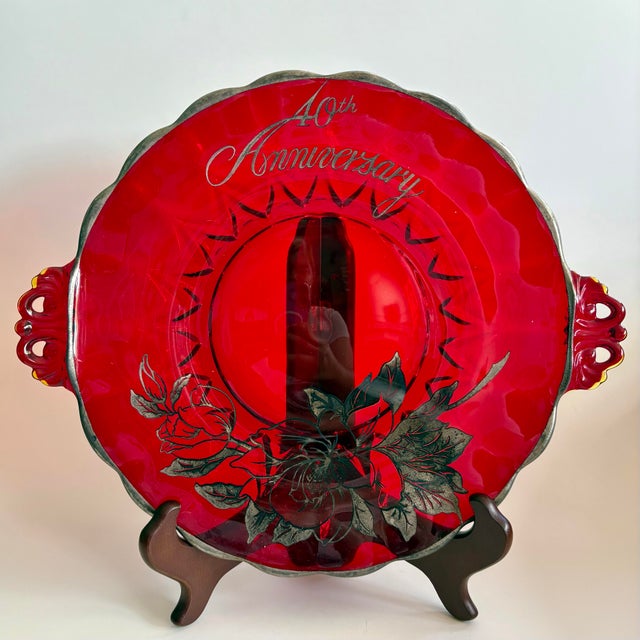 Mid-Century Modern Vintage 40th Anniversary Ruby Red Glass Handled Plate With Silver Floral Overlay, 13” For Sale - Image 3 of 9