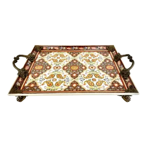 Vintage Clay Feet Hand Painted Porcelain Brass Handle Tray