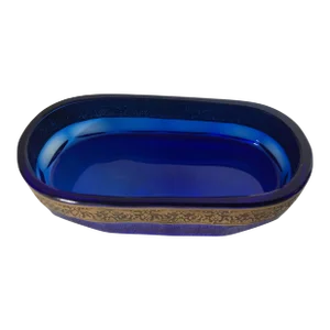 Antique Moser Karlsbad Cobalt Blue Oblong Dish Etched Gilded Band Signed