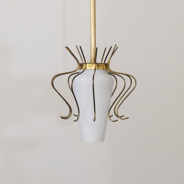 Brass 1950s Italian Brass and White Glass Pendant Light For Sale - Image 8 of 12