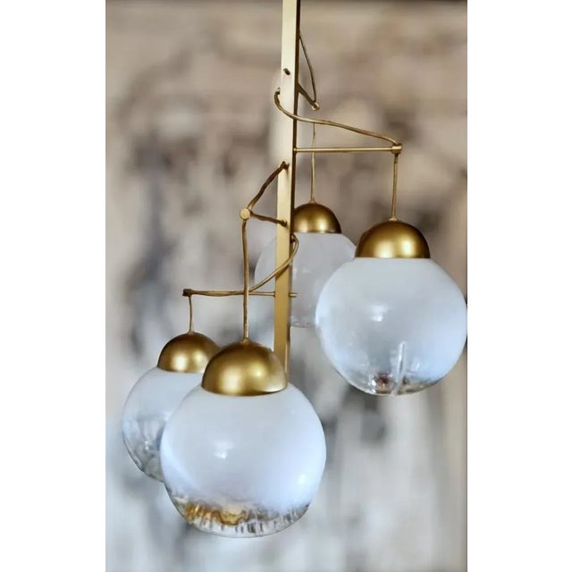 Satin-Finished Brass and Murano Glass Chandelier attributed to Mazzega, 1965 For Sale - Image 3 of 13