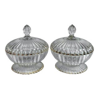 Vintage Hollywood Regency Scalloped Glass Lidded Candy Dish - A Pair For Sale
