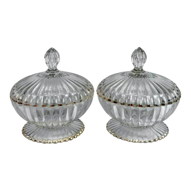 Vintage Hollywood Regency Scalloped Glass Lidded Candy Dish - A Pair For Sale